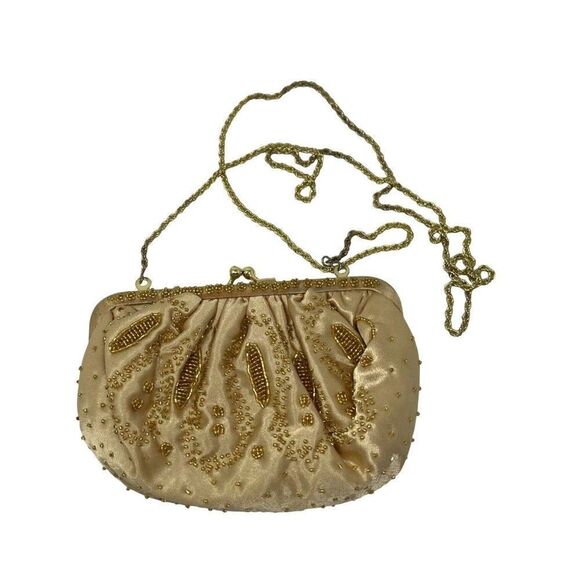 La Regale Fabric and Gold beaded cream bag with metal strap BoxU - Picture 4 of 4